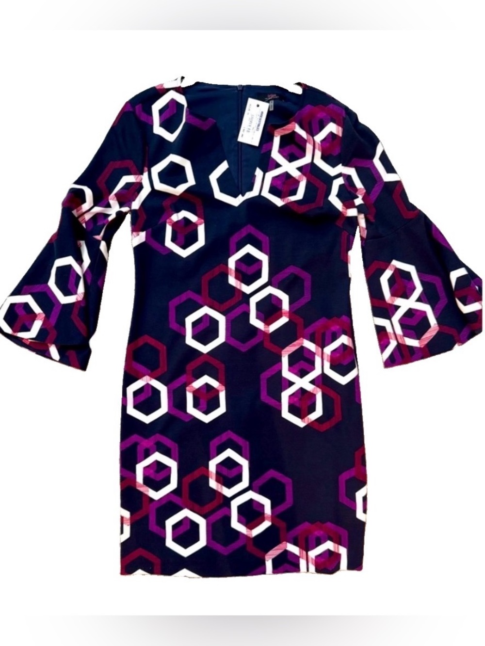 NWT Trina Turk Multicolor Geometric Bell Sleeve Shift Dress Blue Pink White S
